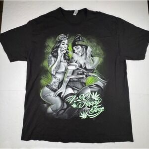 American Apparel Graphic Tee XL Cotton Streetwear 420 Happy Time Biker Black
